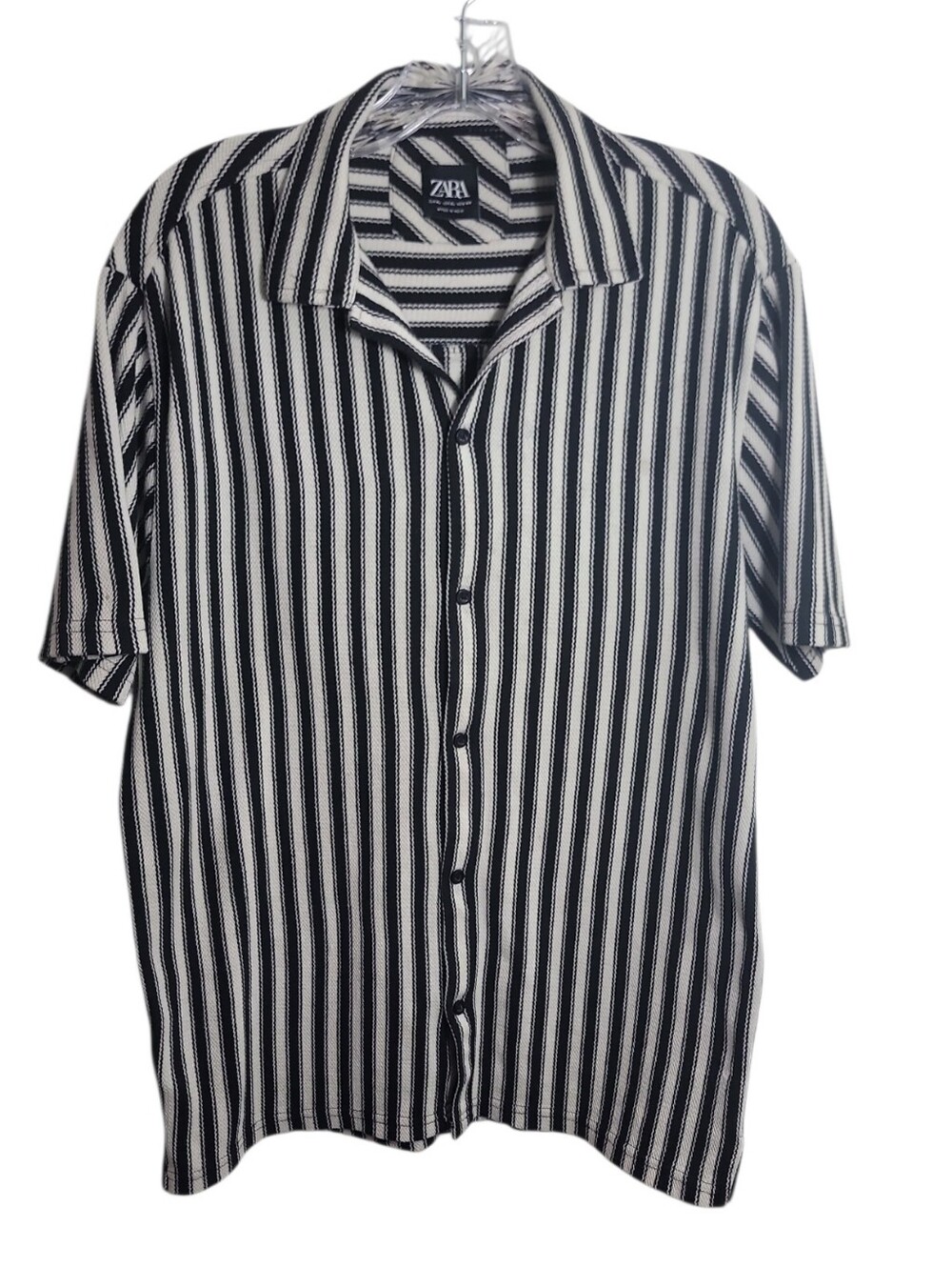 Zara black white stripe short sleeve button down texture knit shirt men's XL
